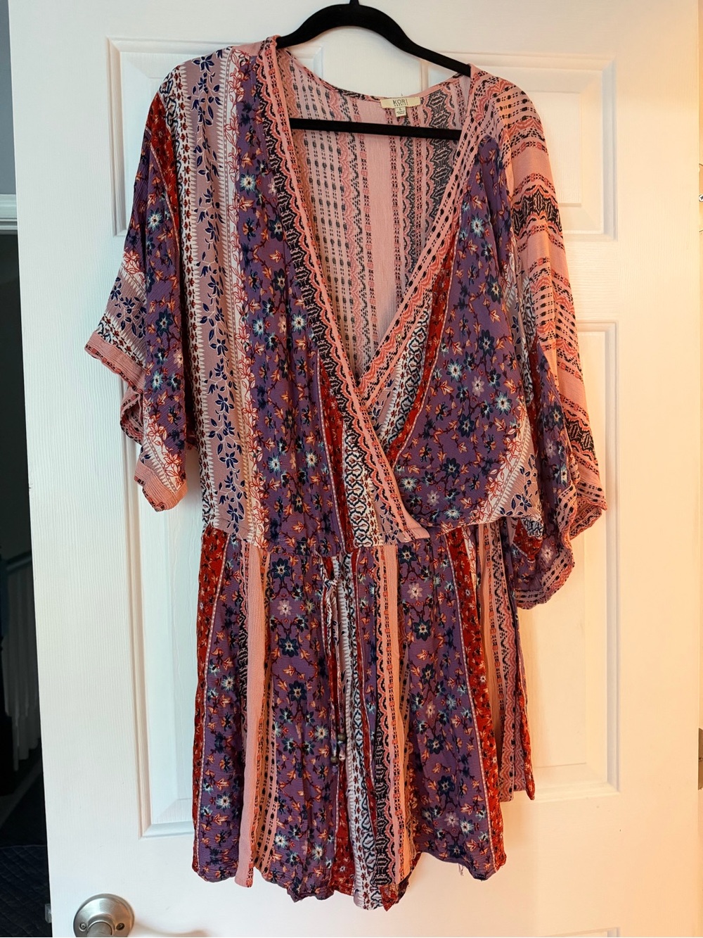 Kori Mixed Floral Stripe Wrap Romper in Purple and Pink